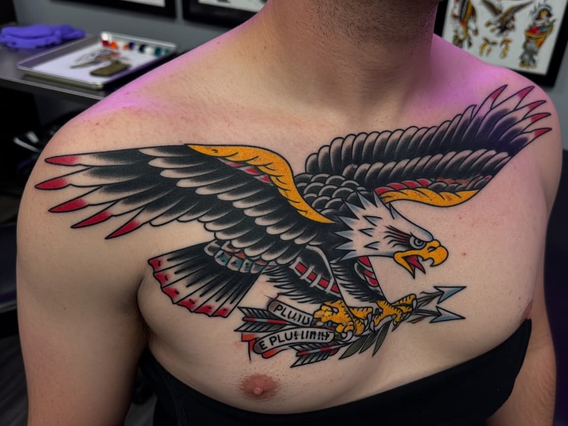 Large American traditional eagle with spread wings tattooed on a client's chest