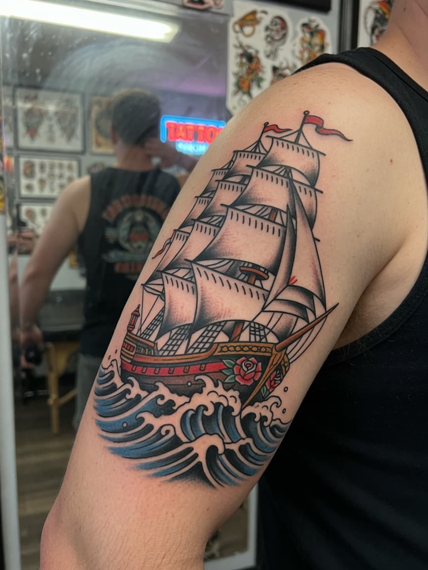 American traditional tall ship tattoo on a client's upper arm in the shop