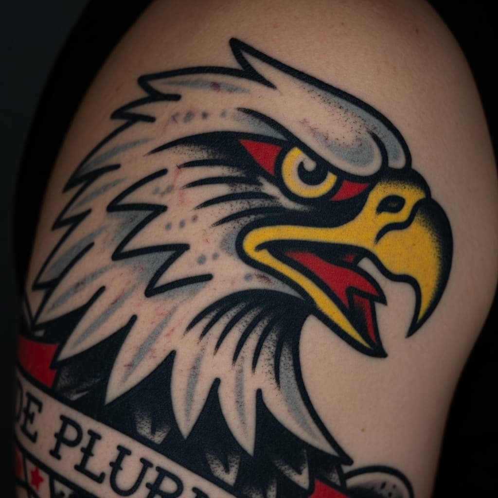American traditional eagle head tattoo on a client's shoulder