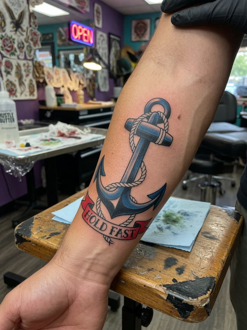 American traditional anchor tattoo on a client's inner forearm in the shop