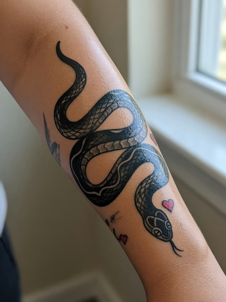 American traditional black snake tattoo on a client's forearm